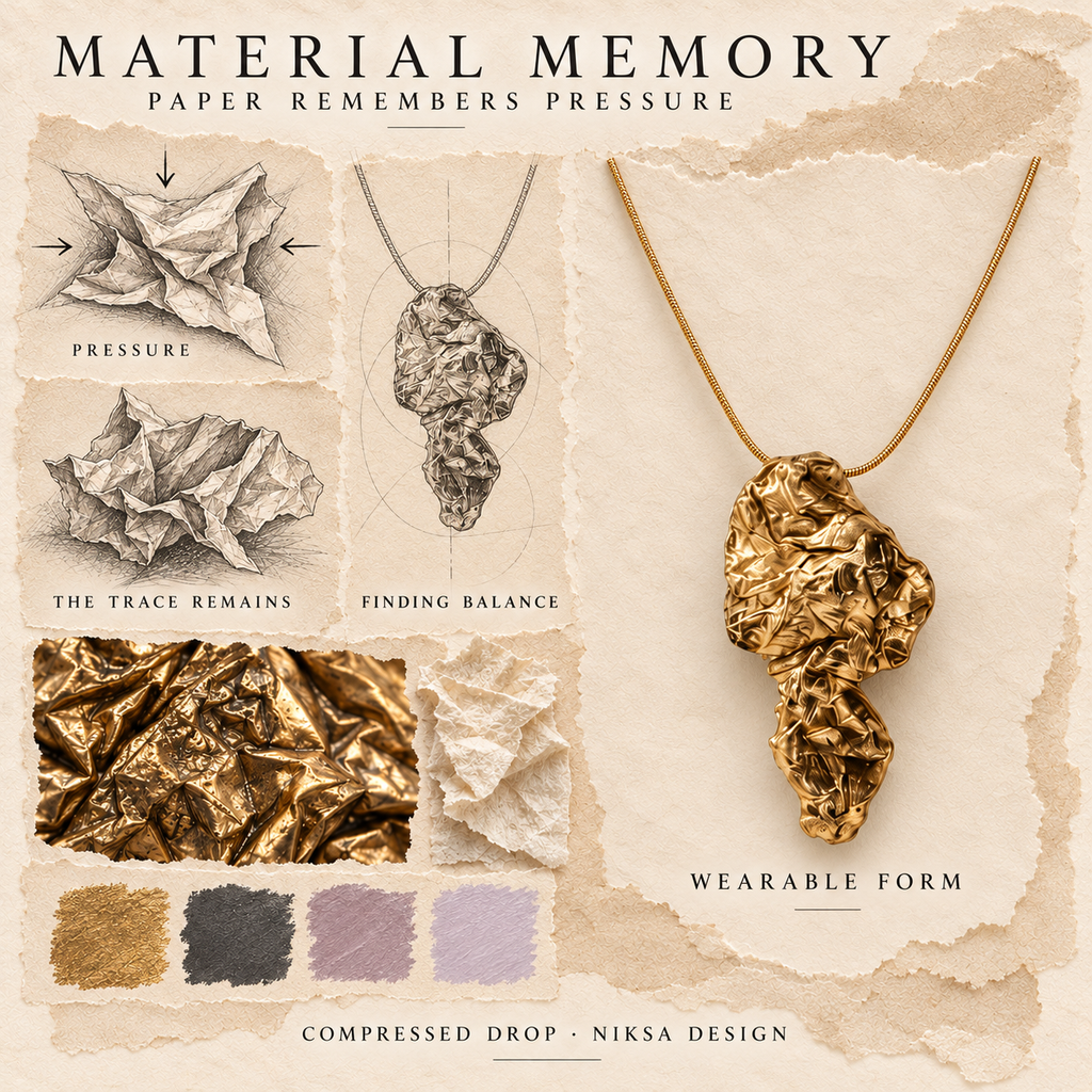 Compressed Drop concept moodboard with sculptural jewelry, texture details and graphite studies of pressure, visible traces and balance.