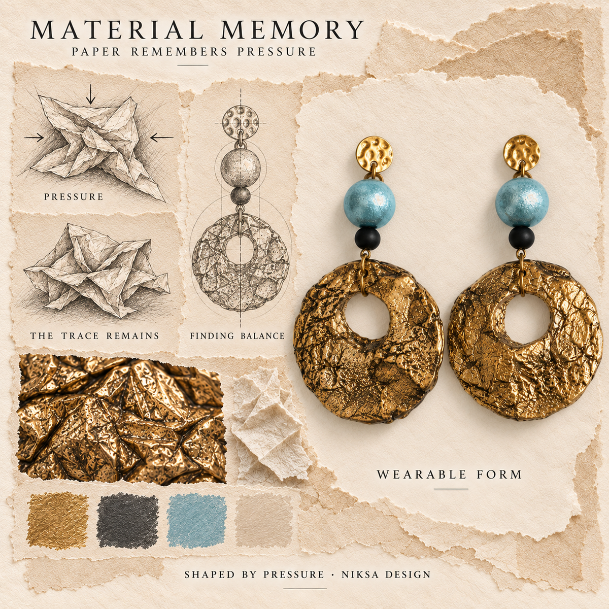 Shaped by Pressure concept moodboard with sculptural earrings, texture details and graphite studies of pressure, visible traces and balance.