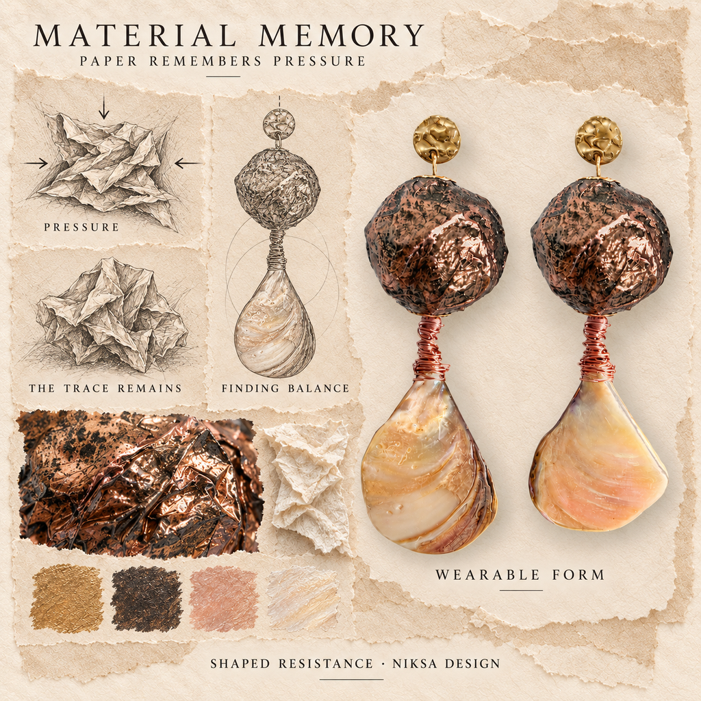 Shaped Resistance concept moodboard with sculptural earrings, texture details and graphite studies of pressure, visible traces and balance.