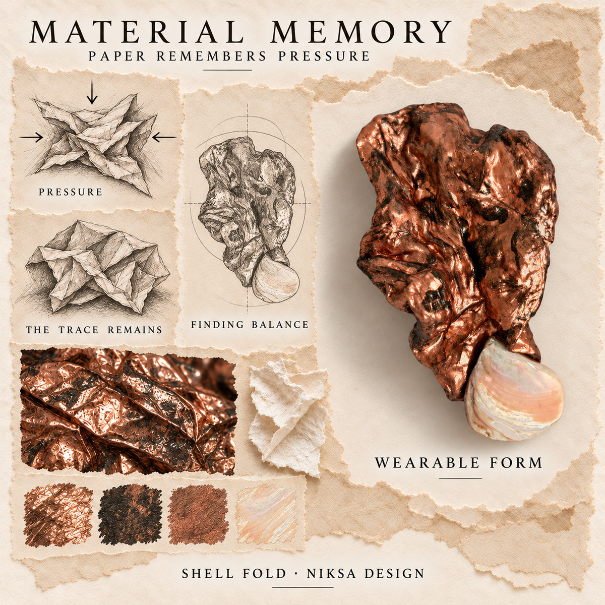 Shell Fold concept moodboard with sculptural jewelry, texture details and graphite studies of pressure, visible traces and balance.