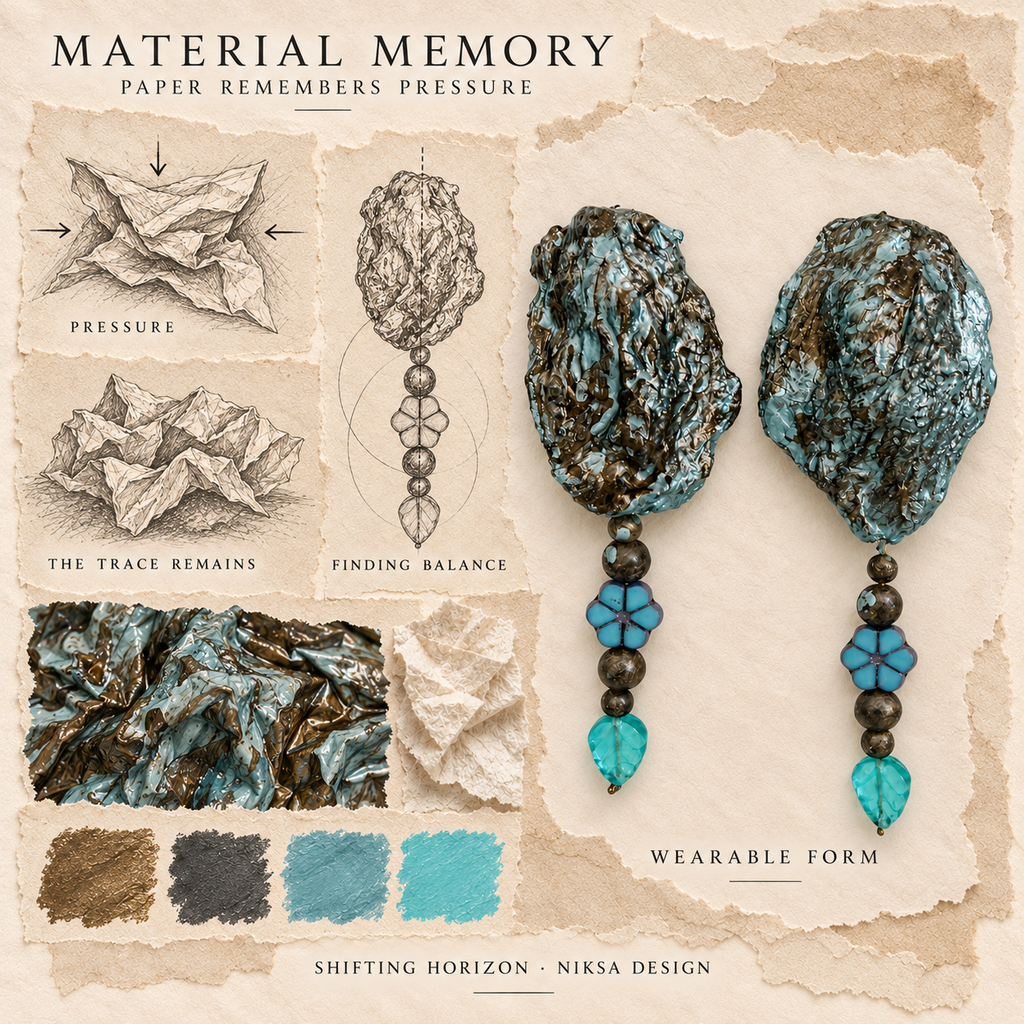 Shifting Horizon concept moodboard with sculptural earrings, texture details and graphite studies of pressure, visible traces and balance.