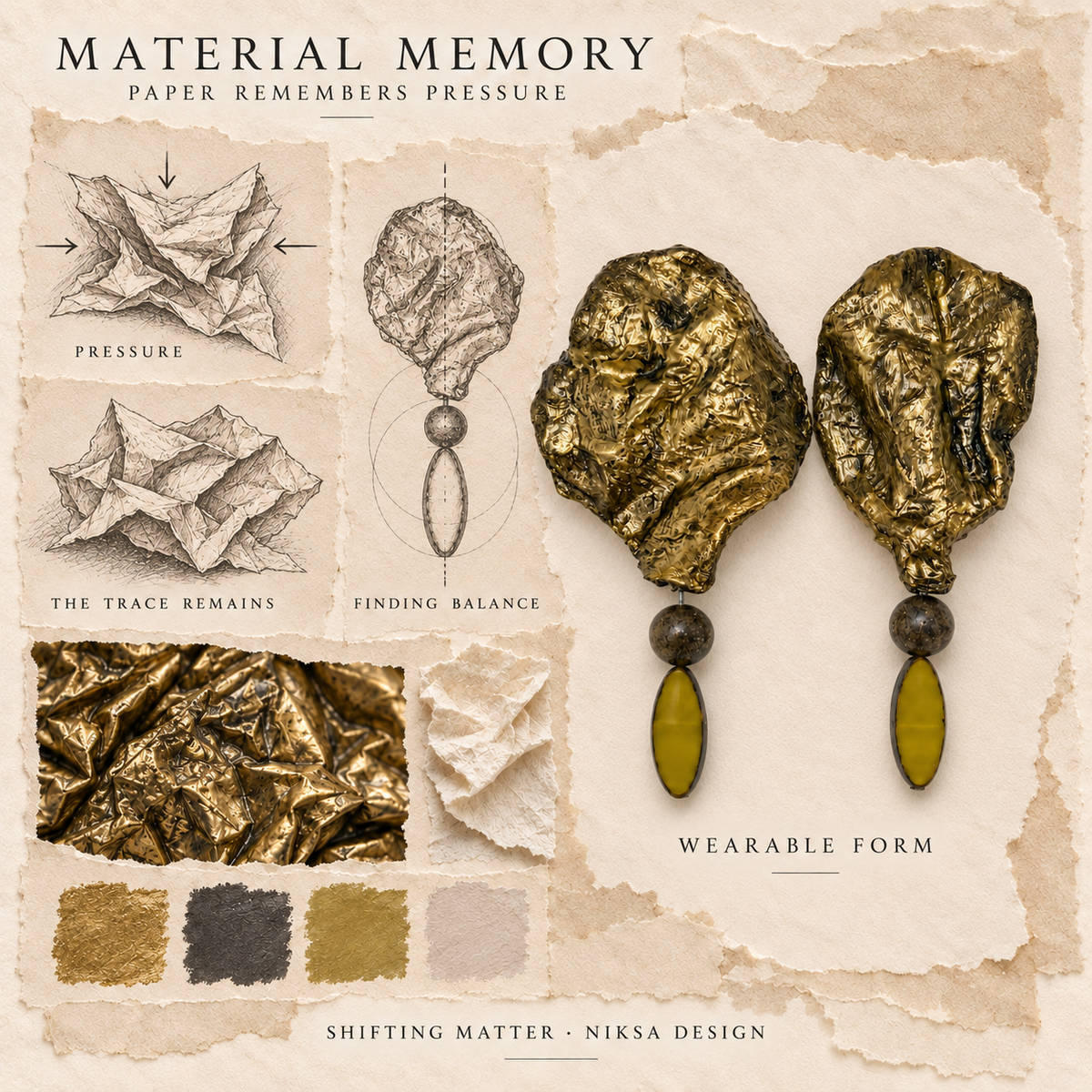 Shifting Matter concept moodboard with sculptural earrings, texture details and graphite studies of pressure, visible traces and balance.
