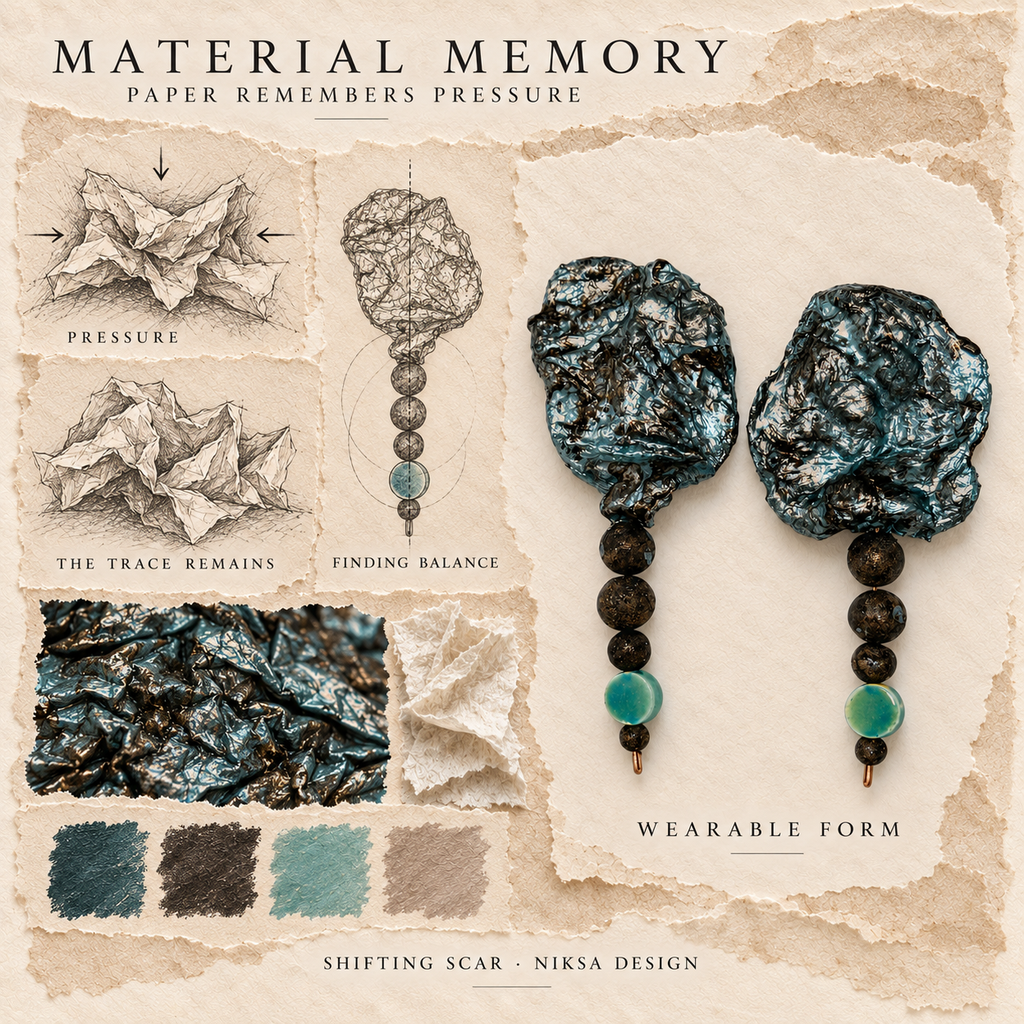 Shifting Scar concept moodboard with sculptural earrings, texture details and graphite studies of pressure, visible traces and balance.