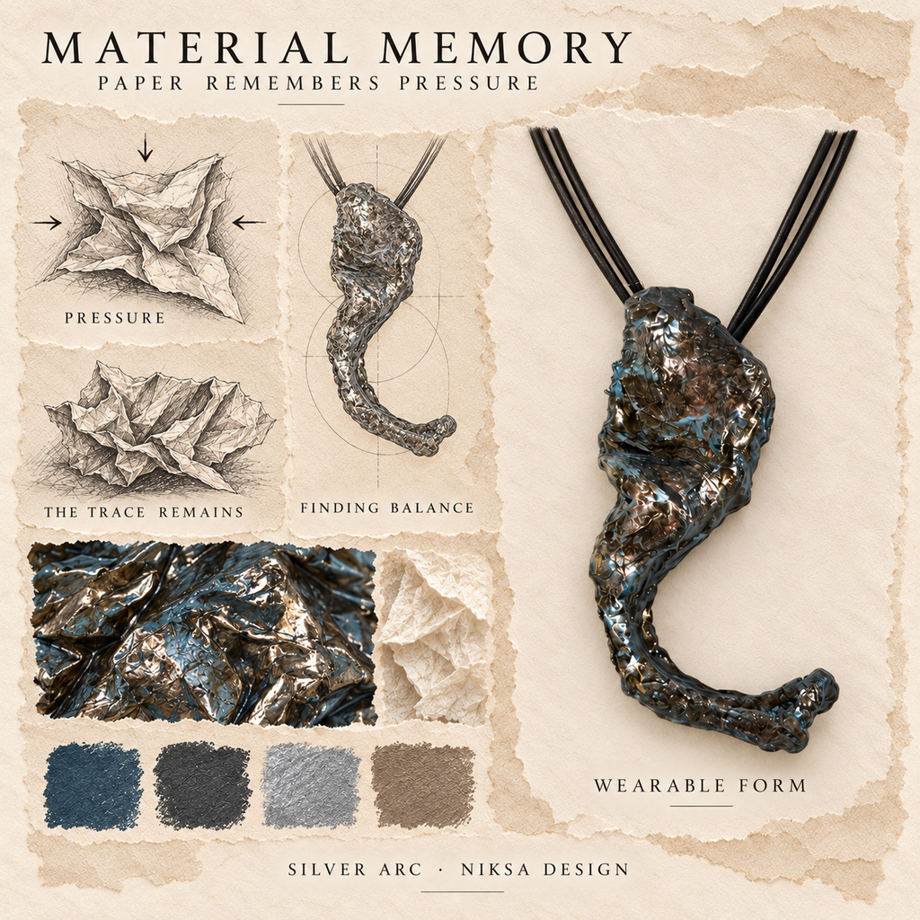 Silver Arc concept moodboard with sculptural jewelry, texture details and graphite studies of pressure, visible traces and balance.