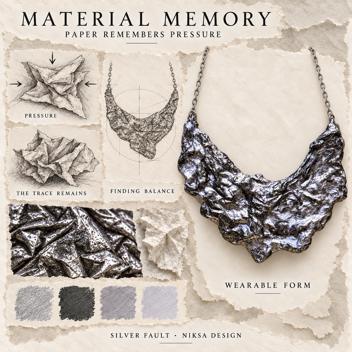 Silver Fault Material Memory concept board with silver paper folds, graphite studies and handmade-paper textures