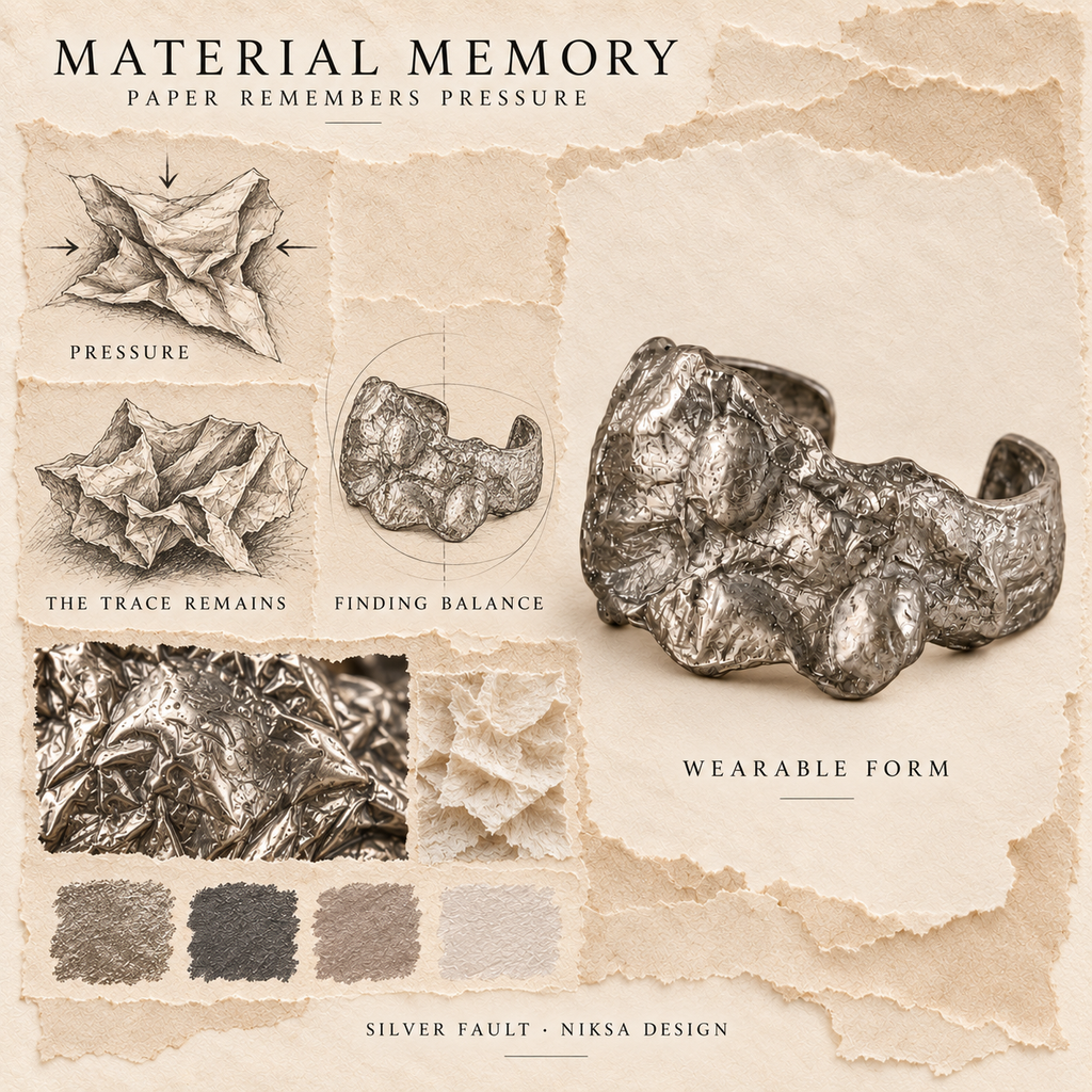Silver Fault concept moodboard with sculptural jewelry, texture details and graphite studies of pressure, visible traces and balance.