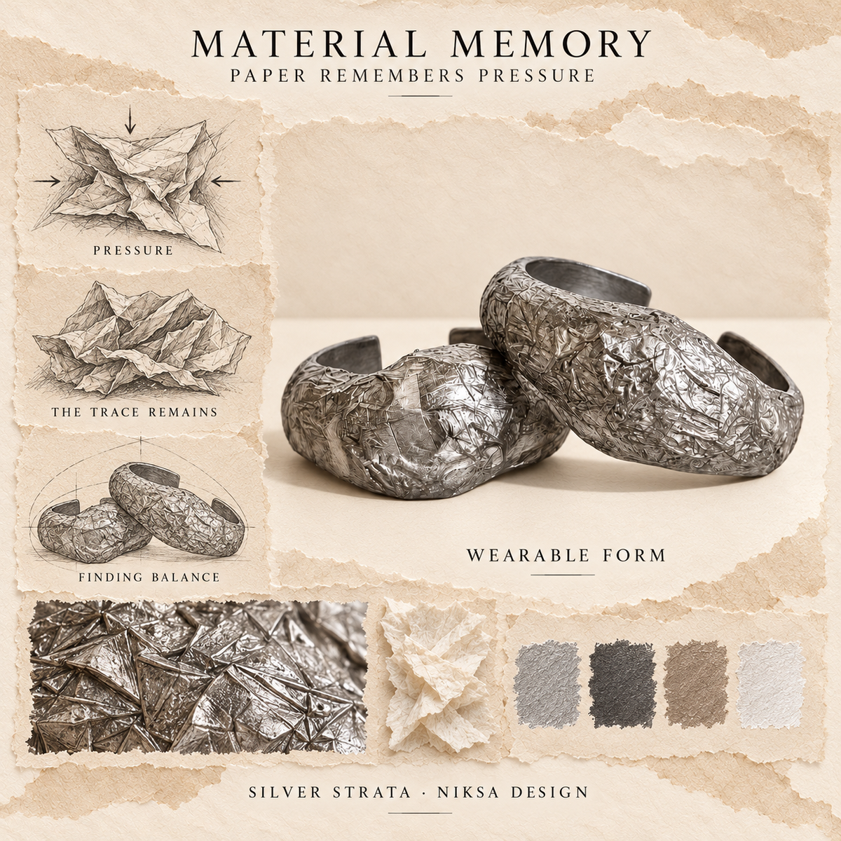 Silver Strata concept moodboard with sculptural jewelry, texture details and graphite studies of pressure, visible traces and balance.