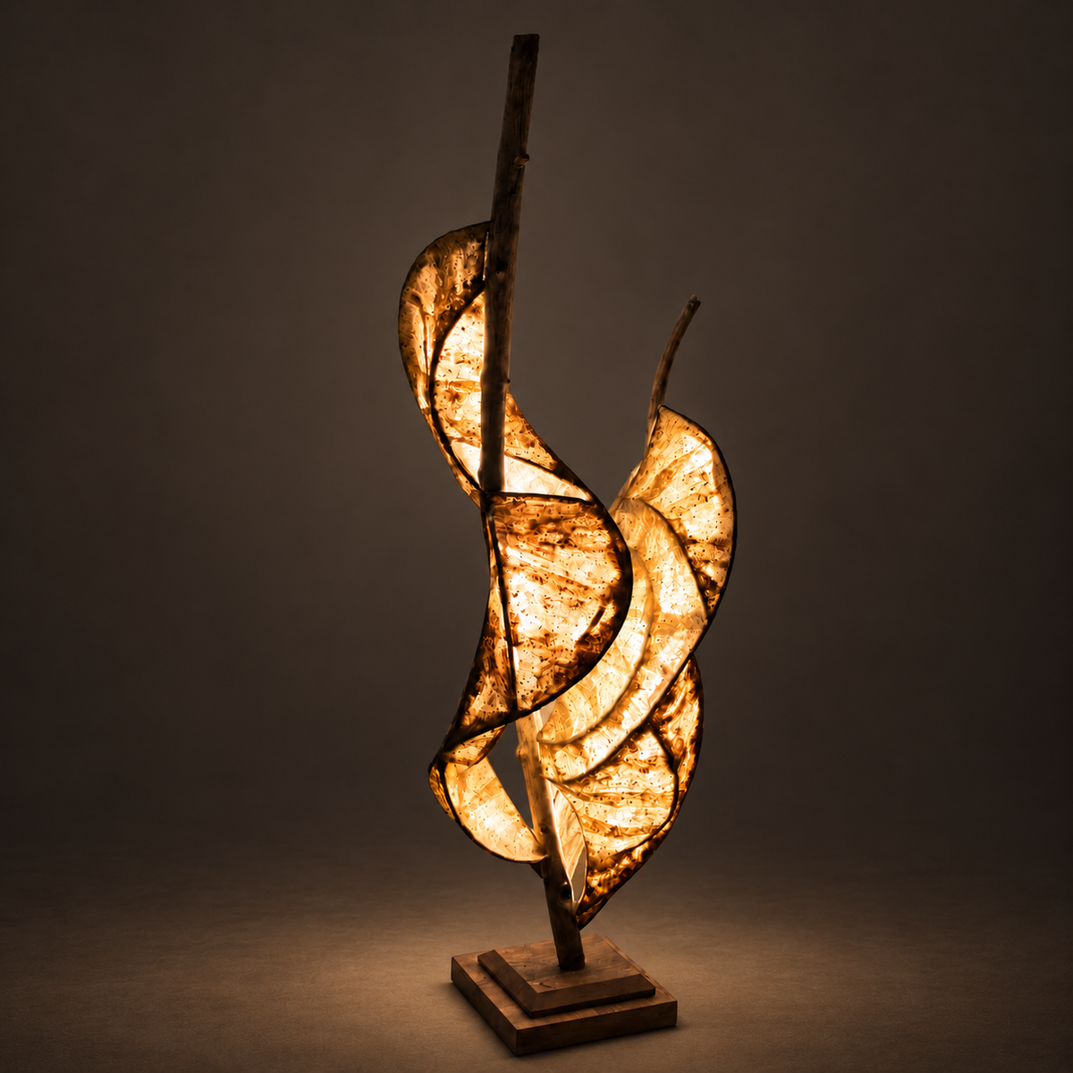 Soar sculptural lamp illuminated against warm charcoal