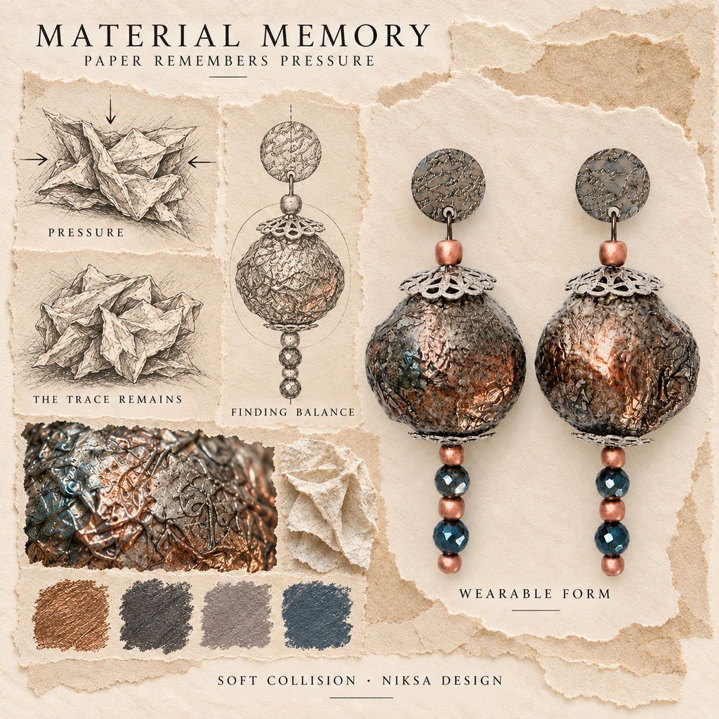 Soft Collision concept moodboard with sculptural earrings, texture details and graphite studies of pressure, visible traces and balance.