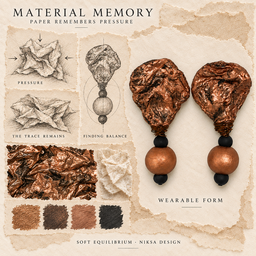 Soft Equilibrium concept moodboard with sculptural earrings, texture details and graphite studies of pressure, visible traces and balance.