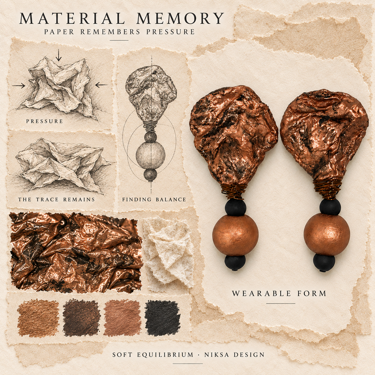Soft Equilibrium concept moodboard with sculptural earrings, texture details and graphite studies of pressure, visible traces and balance.