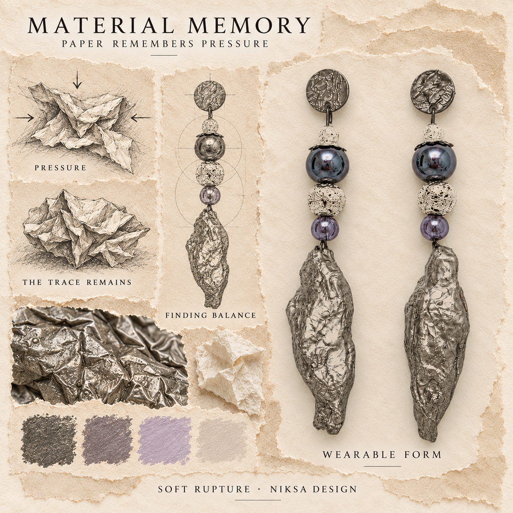 Soft Rupture concept moodboard with sculptural earrings, texture details and graphite studies of pressure, visible traces and balance.