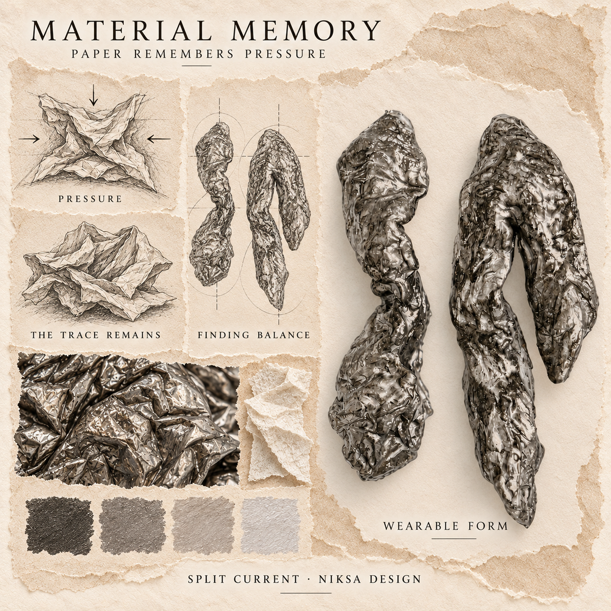 Split Current concept moodboard with sculptural earrings, texture details and graphite studies of pressure, visible traces and balance.