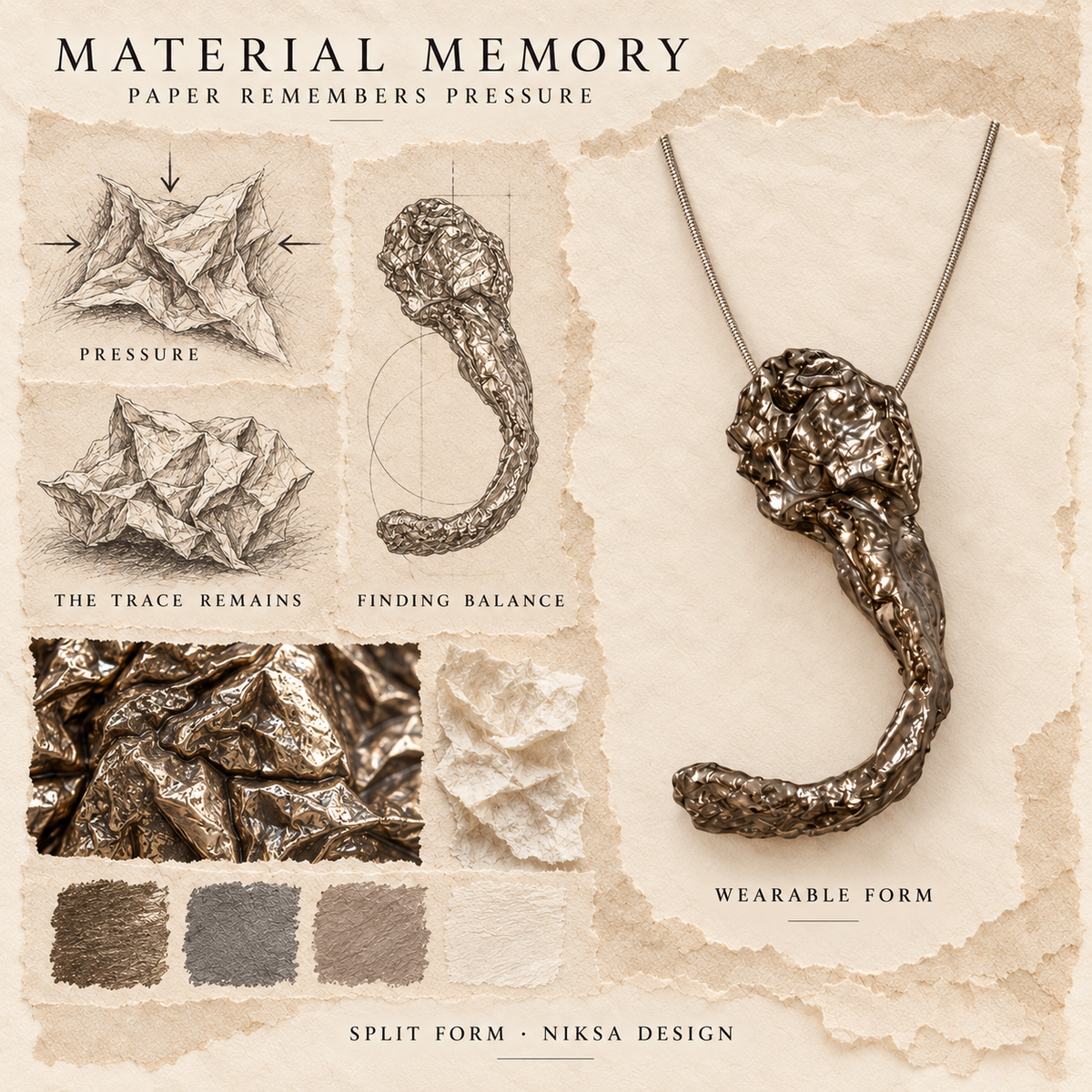 Split Form concept moodboard with sculptural jewelry, texture details and graphite studies of pressure, visible traces and balance.