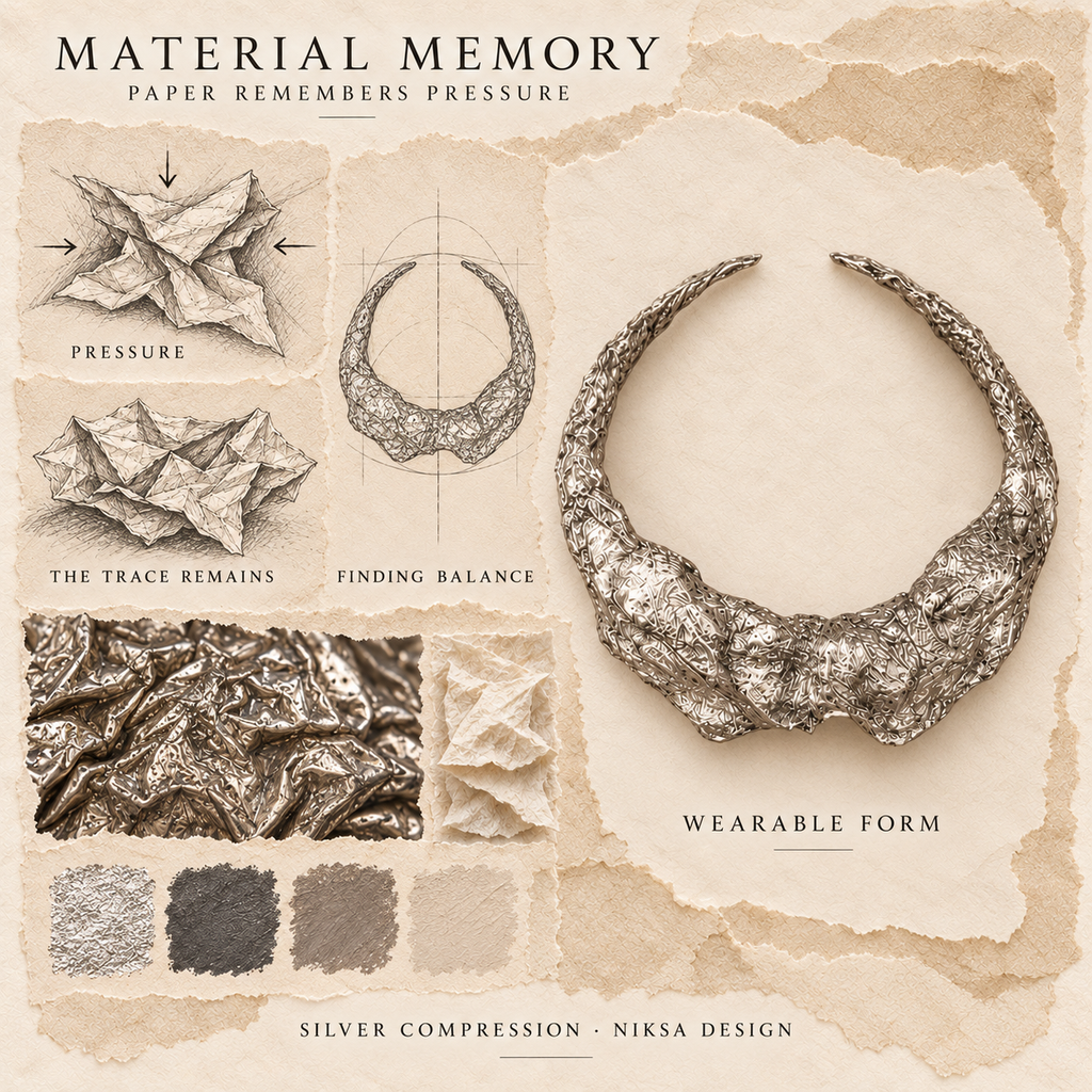 Silver Compression concept moodboard with sculptural jewelry, texture details and graphite studies of pressure, visible traces and balance.