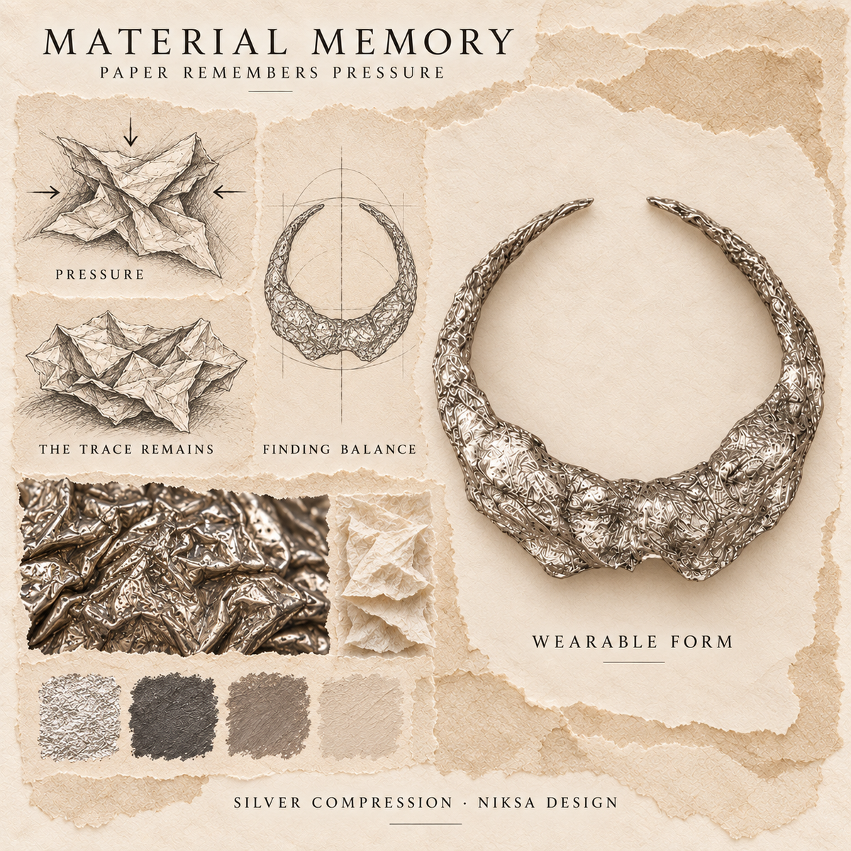 Silver Compression concept moodboard with sculptural jewelry, texture details and graphite studies of pressure, visible traces and balance.