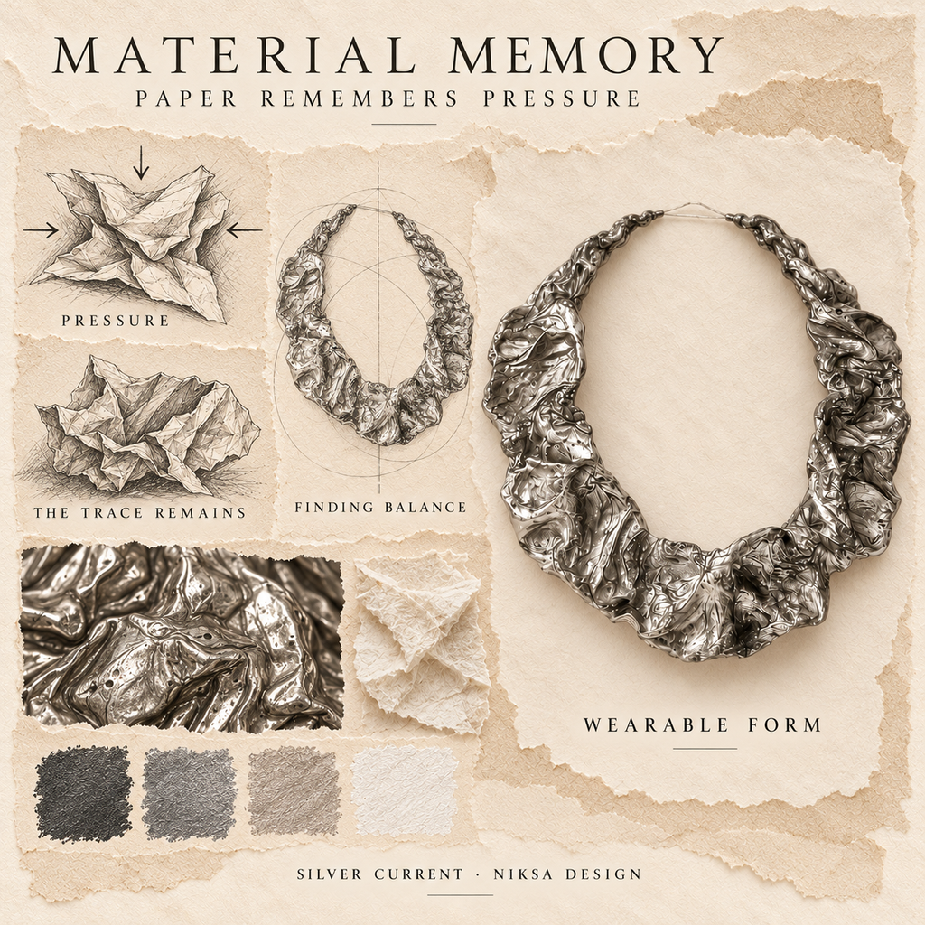 Silver Current concept moodboard with sculptural jewelry, texture details and graphite studies of pressure, visible traces and balance.