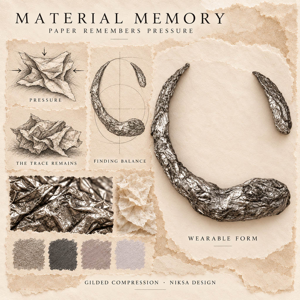 Gilded Compression concept moodboard with sculptural jewelry, texture details and graphite studies of pressure, visible traces and balance.