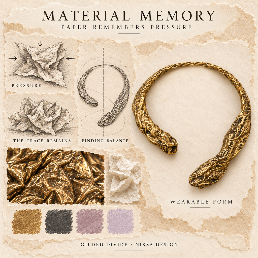 Gilded Divide concept moodboard with sculptural jewelry, texture details and graphite studies of pressure, visible traces and balance.