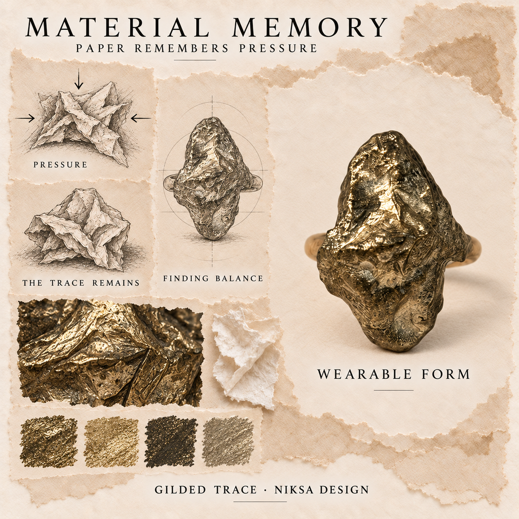 Gilded Trace concept moodboard with sculptural jewelry, texture details and graphite studies of pressure, visible traces and balance.