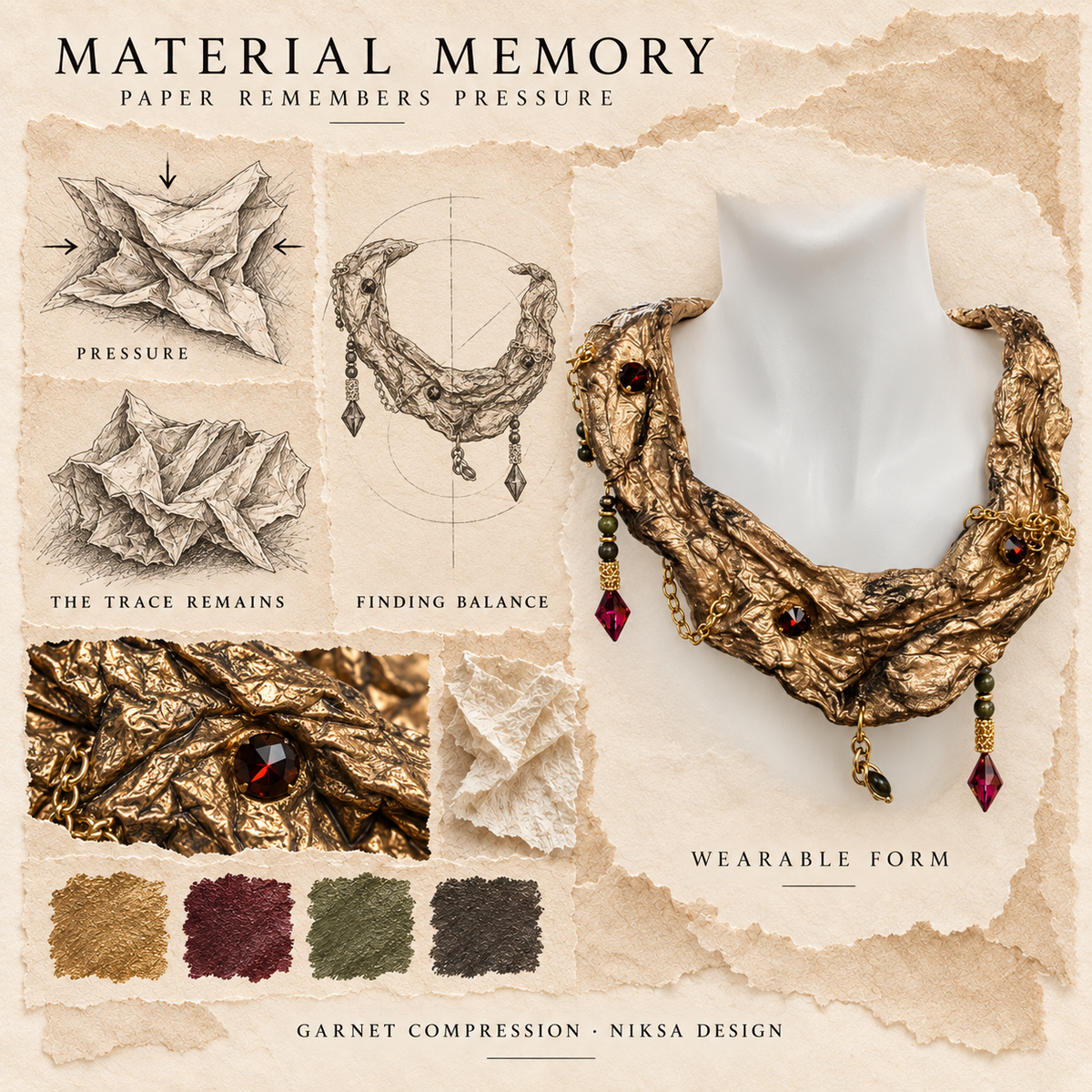 Garnet Compression concept moodboard with sculptural jewelry, texture details and graphite studies of pressure, visible traces and balance.