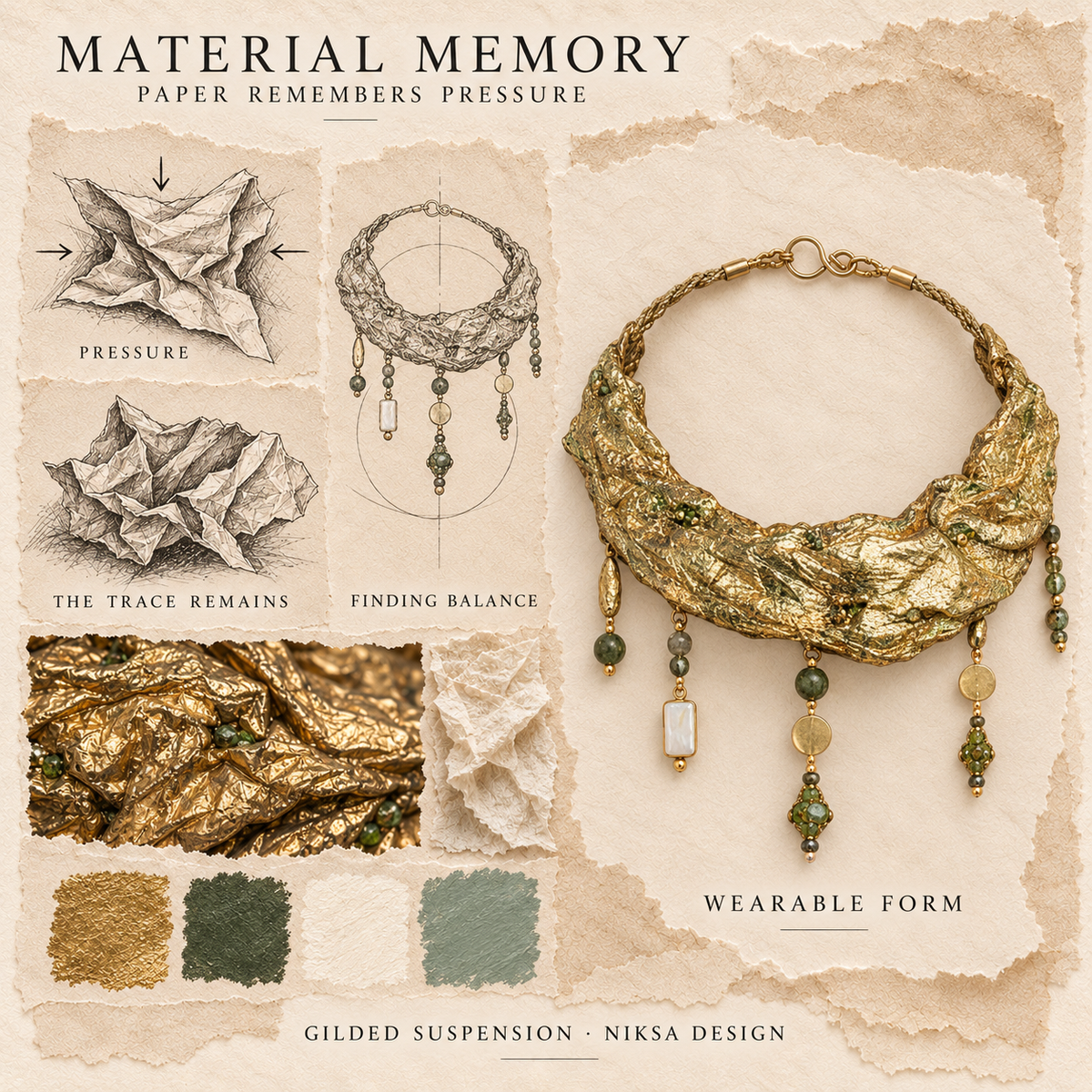 Gilded Suspension concept moodboard with sculptural jewelry, texture details and graphite studies of pressure, visible traces and balance.