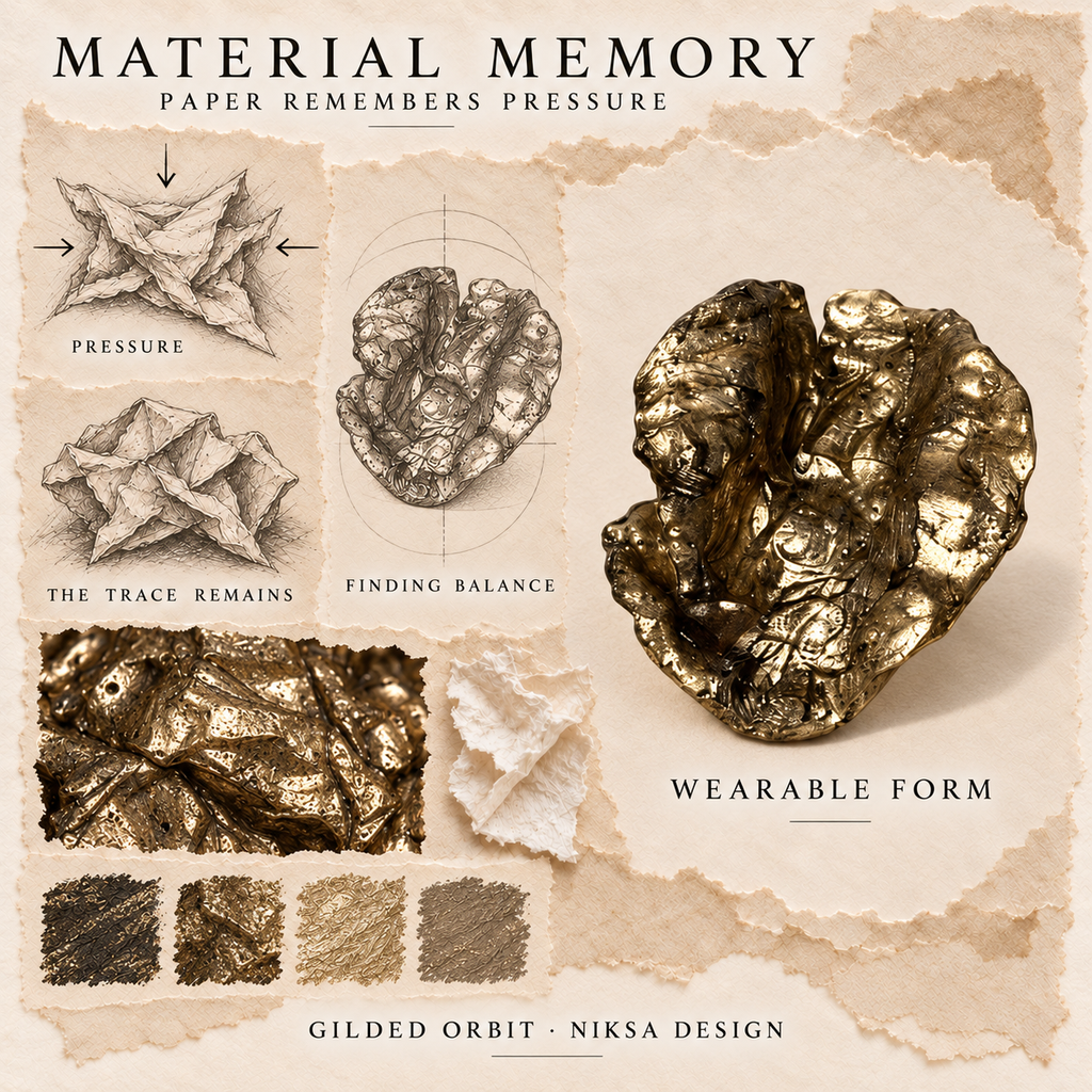Gilded Orbit concept moodboard with sculptural jewelry, texture details and graphite studies of pressure, visible traces and balance.