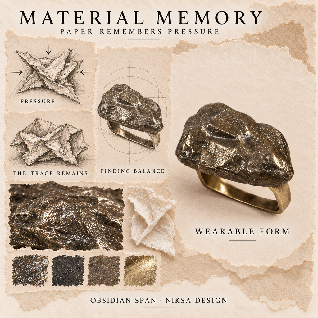 Obsidian Span concept moodboard with sculptural jewelry, texture details and graphite studies of pressure, visible traces and balance.
