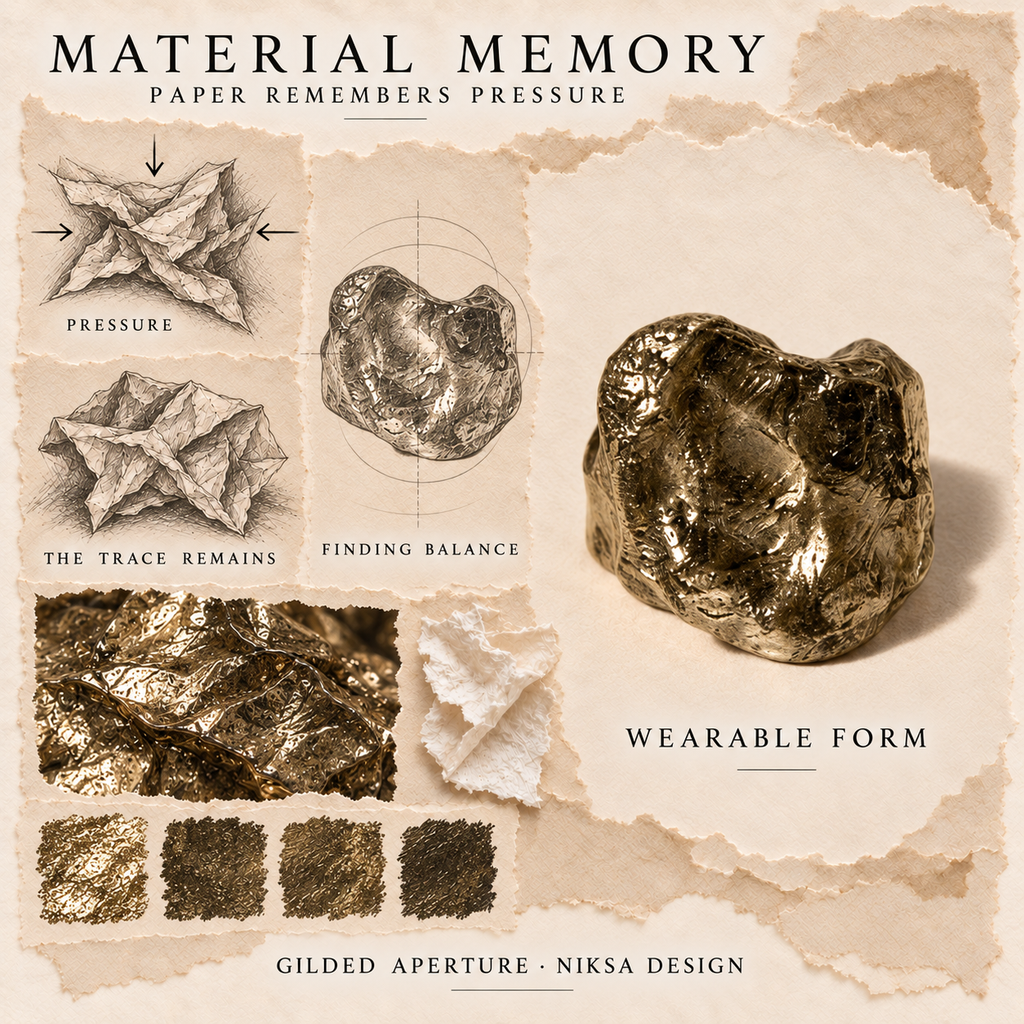 Gilded Aperture concept moodboard with sculptural jewelry, texture details and graphite studies of pressure, visible traces and balance.