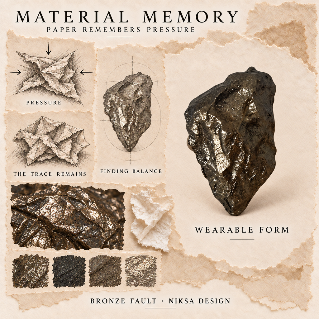 Bronze Fault concept moodboard with sculptural jewelry, texture details and graphite studies of pressure, visible traces and balance.