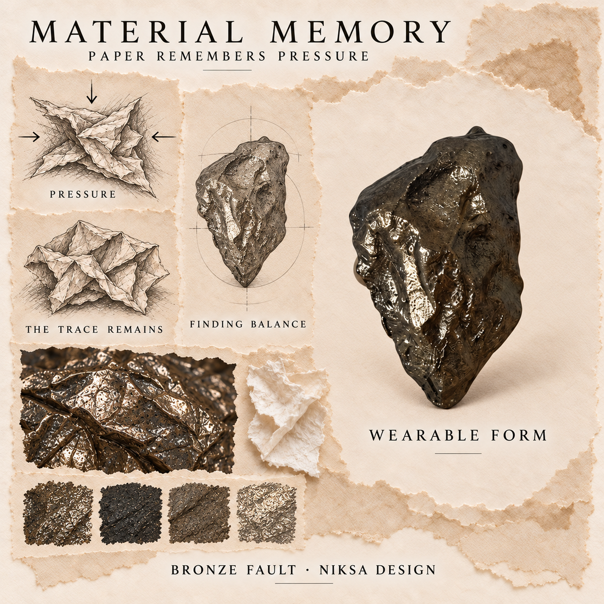 Bronze Fault concept moodboard with sculptural jewelry, texture details and graphite studies of pressure, visible traces and balance.