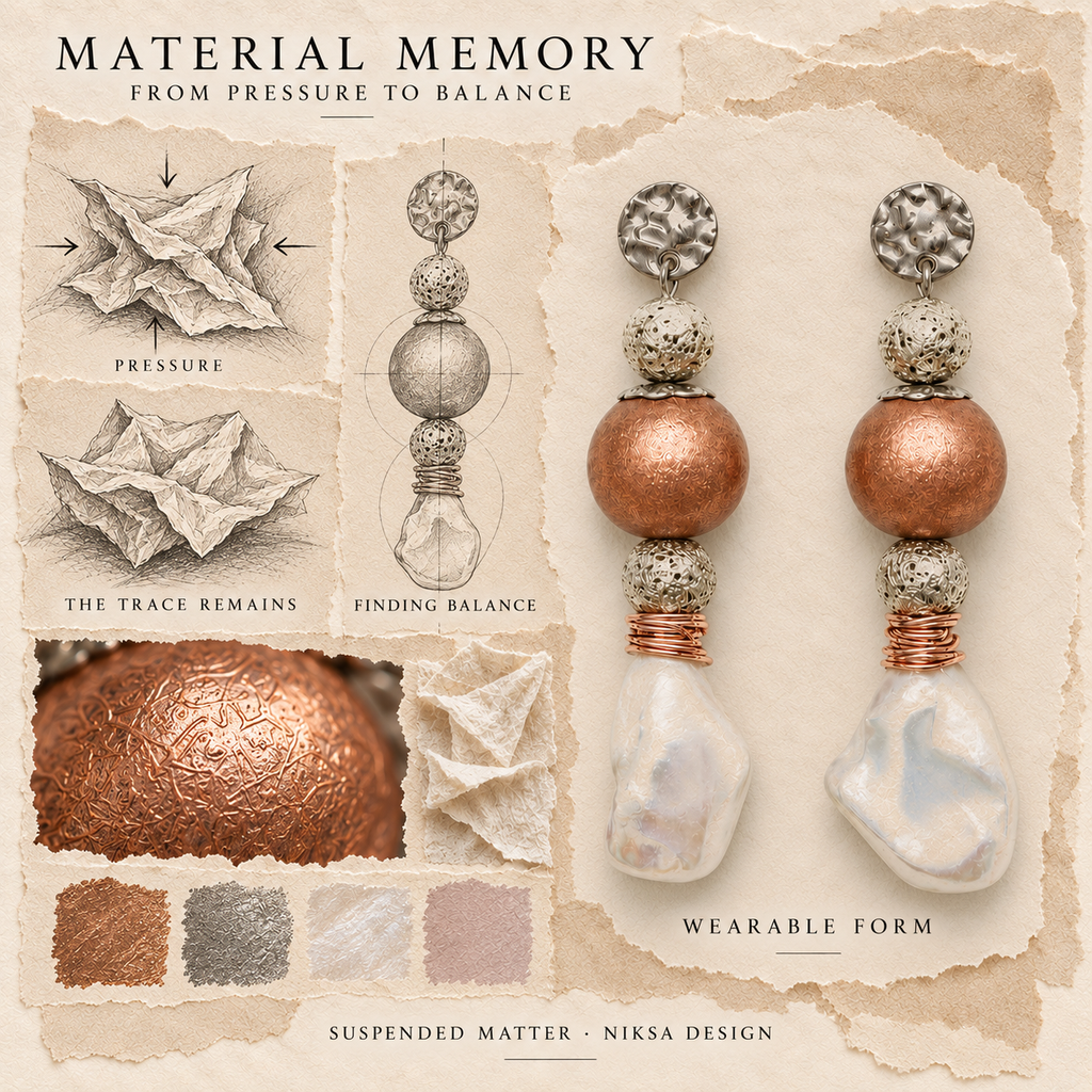 Suspended Matter concept moodboard with sculptural earrings, texture details and graphite studies of pressure, visible traces and balance.