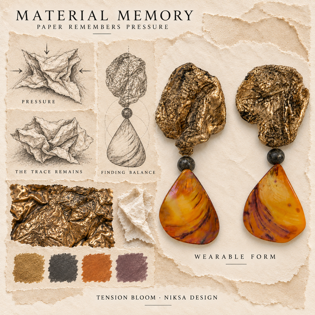 Tension Bloom concept moodboard with sculptural earrings, texture details and graphite studies of pressure, visible traces and balance.