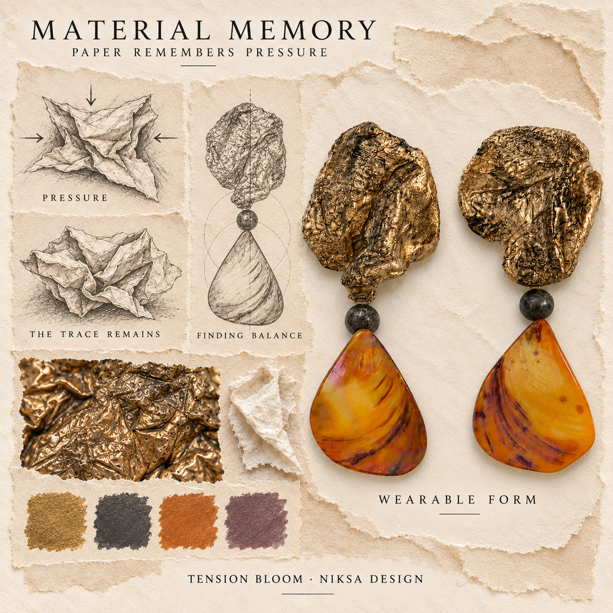 Tension Bloom concept moodboard with sculptural earrings, texture details and graphite studies of pressure, visible traces and balance.