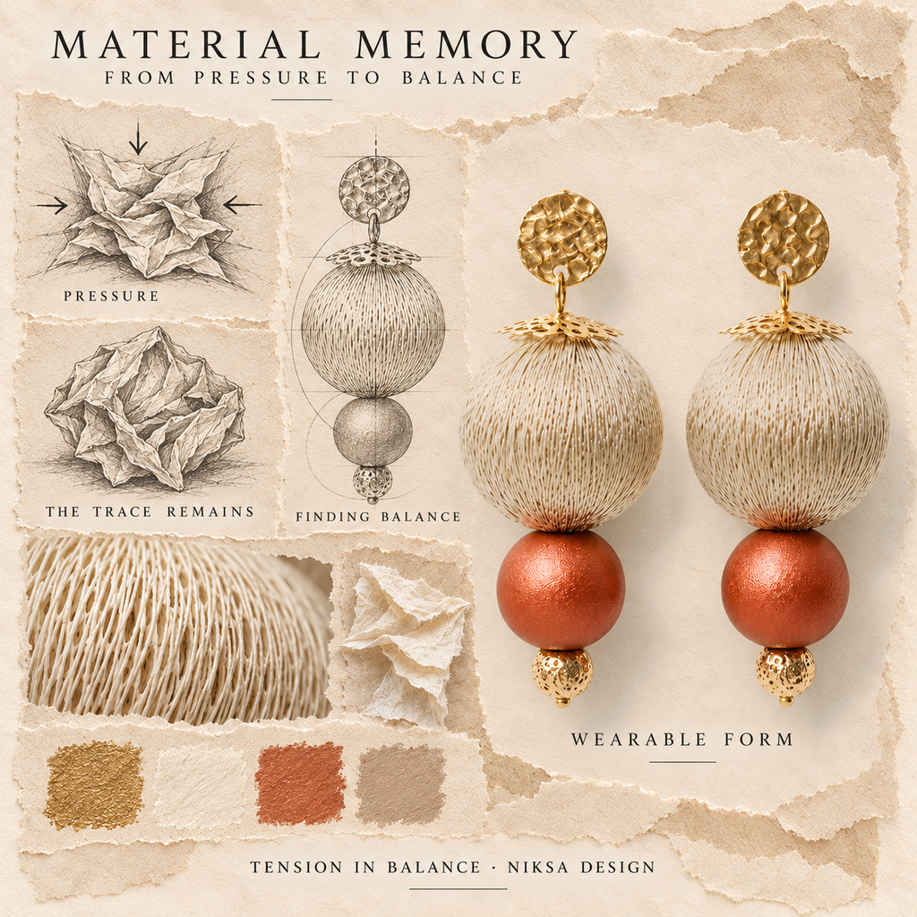 Tension in Balance concept moodboard with sculptural earrings, texture details and graphite studies of pressure, visible traces and balance.