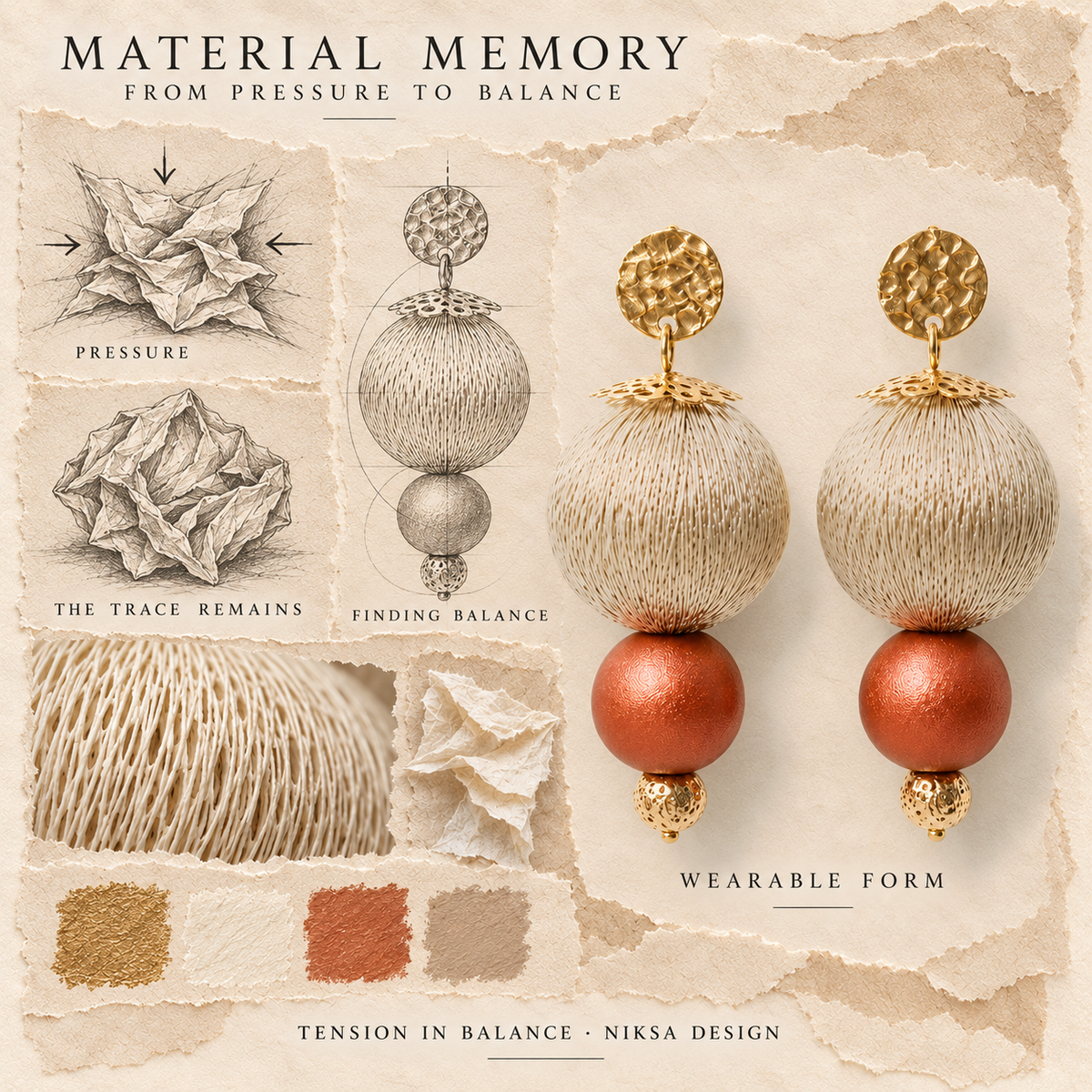 Tension in Balance concept moodboard with sculptural earrings, texture details and graphite studies of pressure, visible traces and balance.