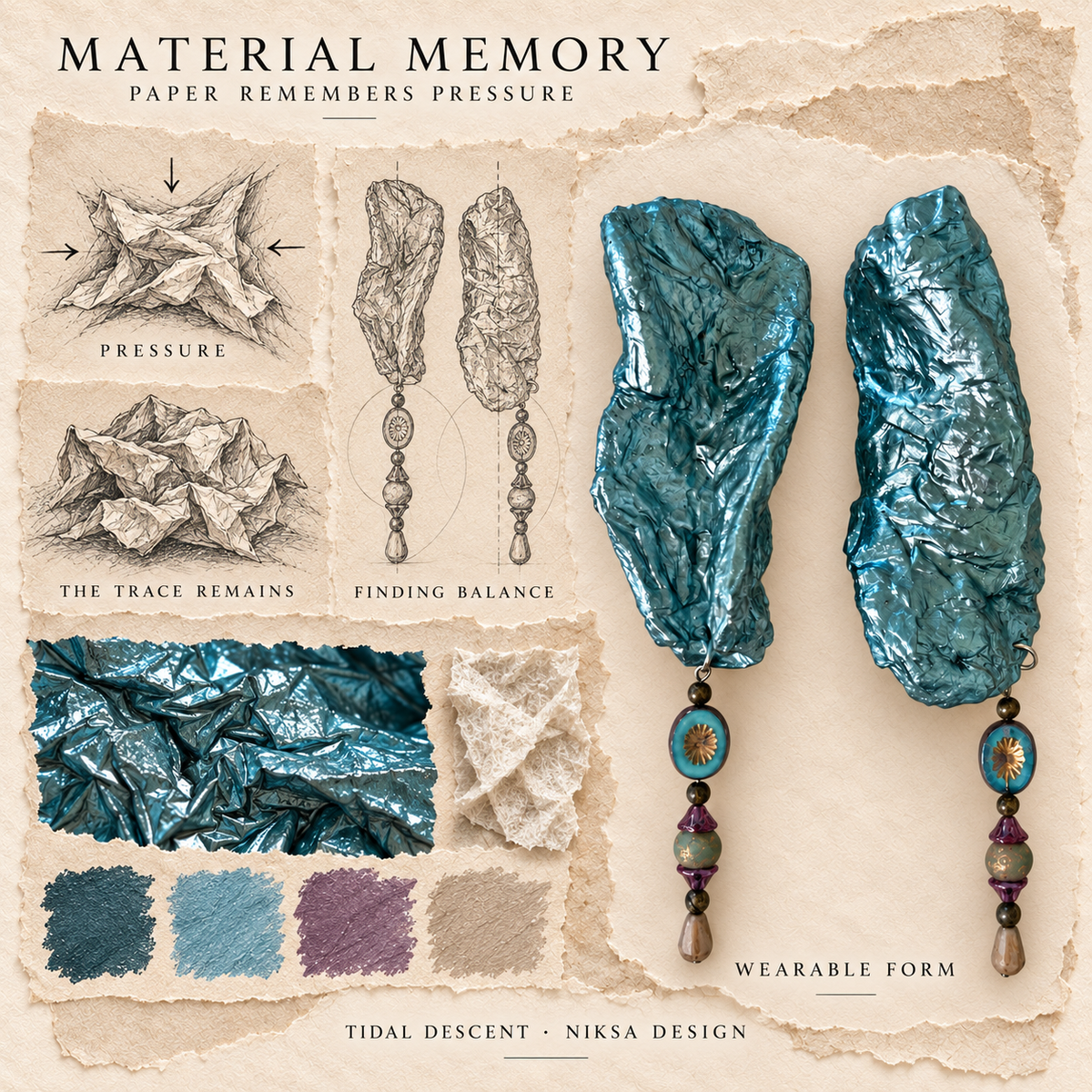 Tidal Descent concept moodboard with sculptural earrings, texture details and graphite studies of pressure, visible traces and balance.