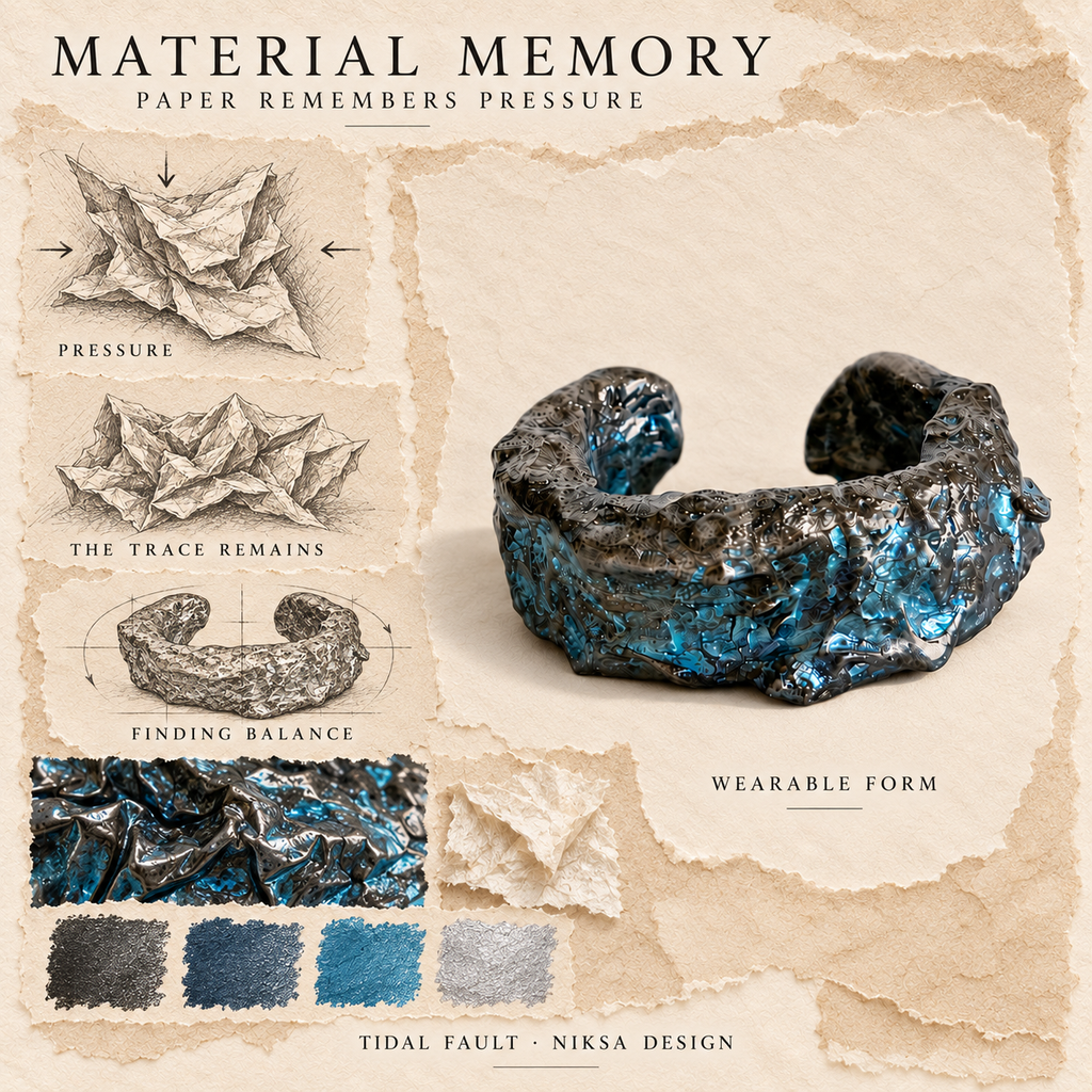 Tidal Fault concept moodboard with sculptural jewelry, texture details and graphite studies of pressure, visible traces and balance.