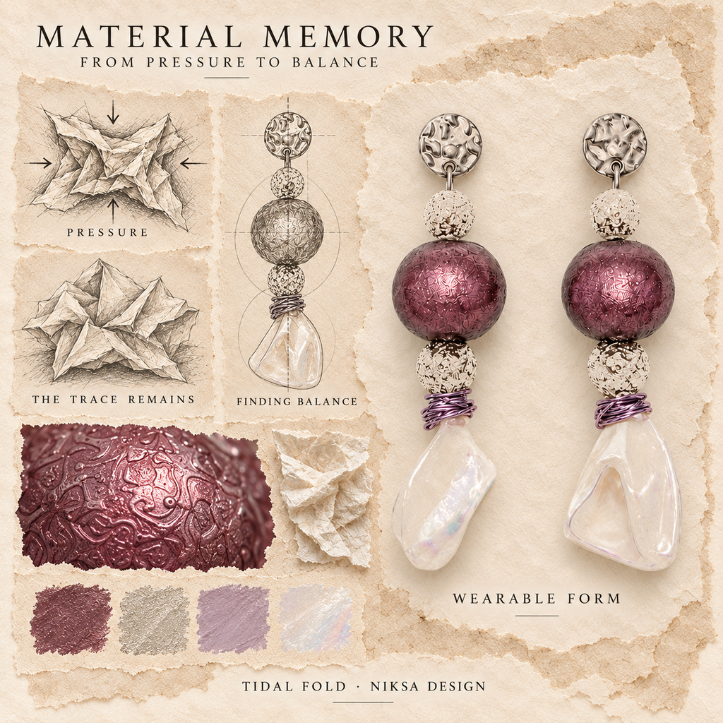 Tidal Fold concept moodboard with sculptural earrings, texture details and graphite studies of pressure, visible traces and balance.