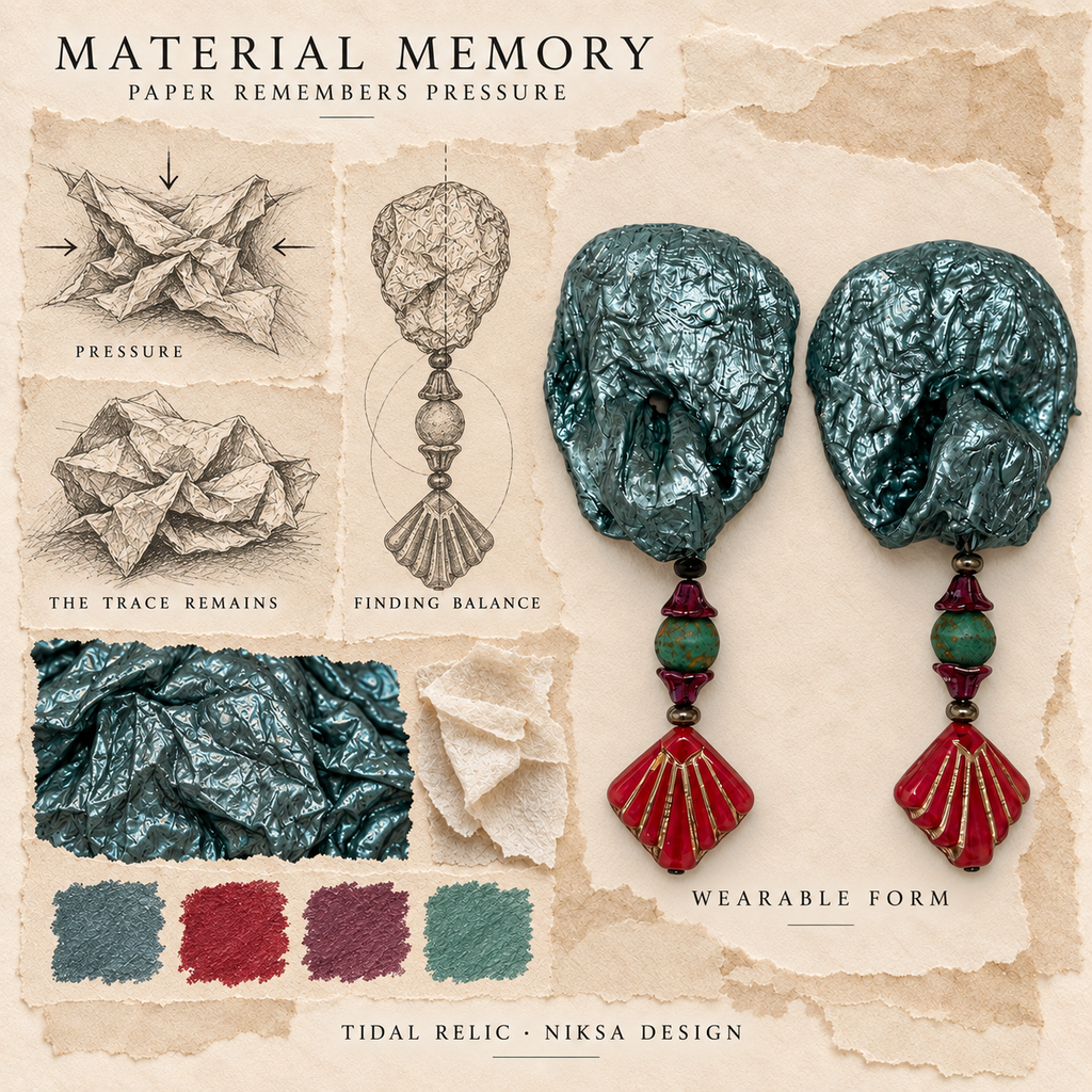 Tidal Relic concept moodboard with sculptural earrings, texture details and graphite studies of pressure, visible traces and balance.