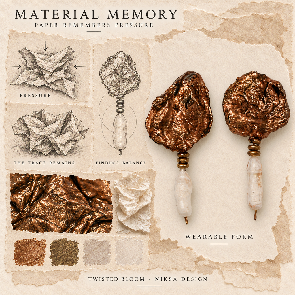 Twisted Bloom concept moodboard with sculptural earrings, texture details and graphite studies of pressure, visible traces and balance.