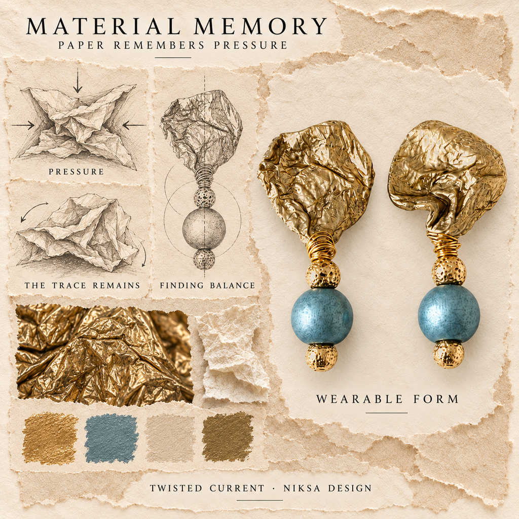 Twisted Current concept moodboard with sculptural earrings, texture details and graphite studies of pressure, visible traces and balance.