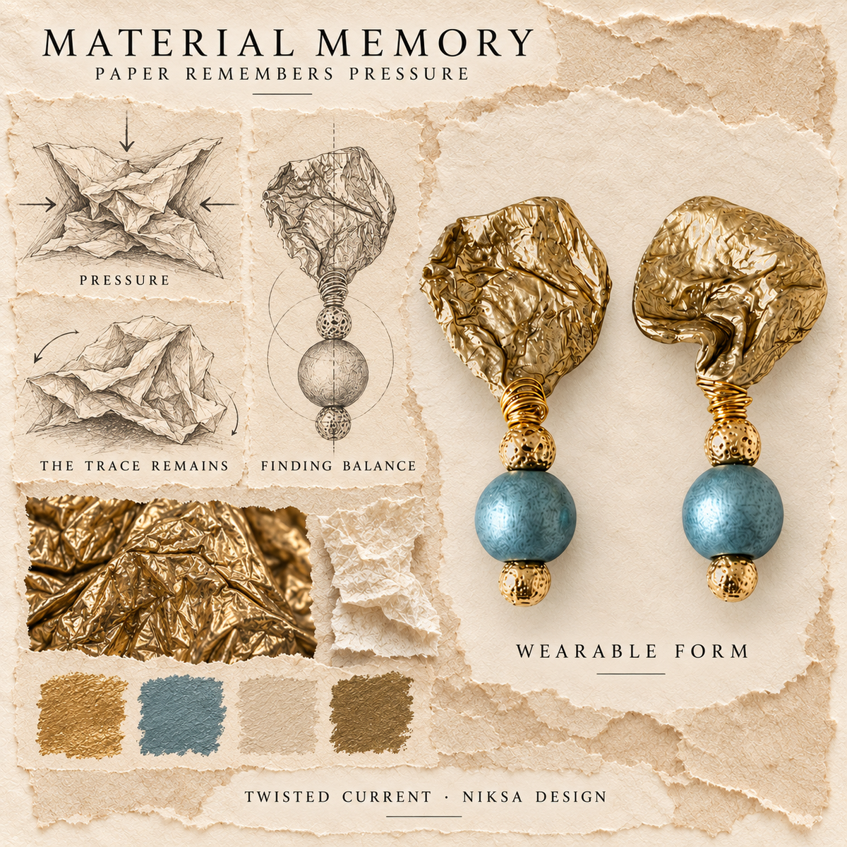 Twisted Current concept moodboard with sculptural earrings, texture details and graphite studies of pressure, visible traces and balance.