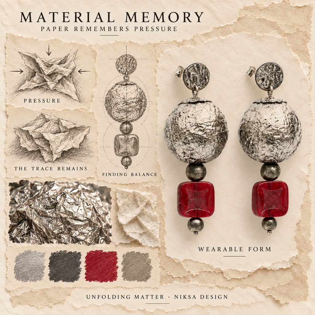 Unfolding Matter concept moodboard with sculptural earrings, texture details and graphite studies of pressure, visible traces and balance.