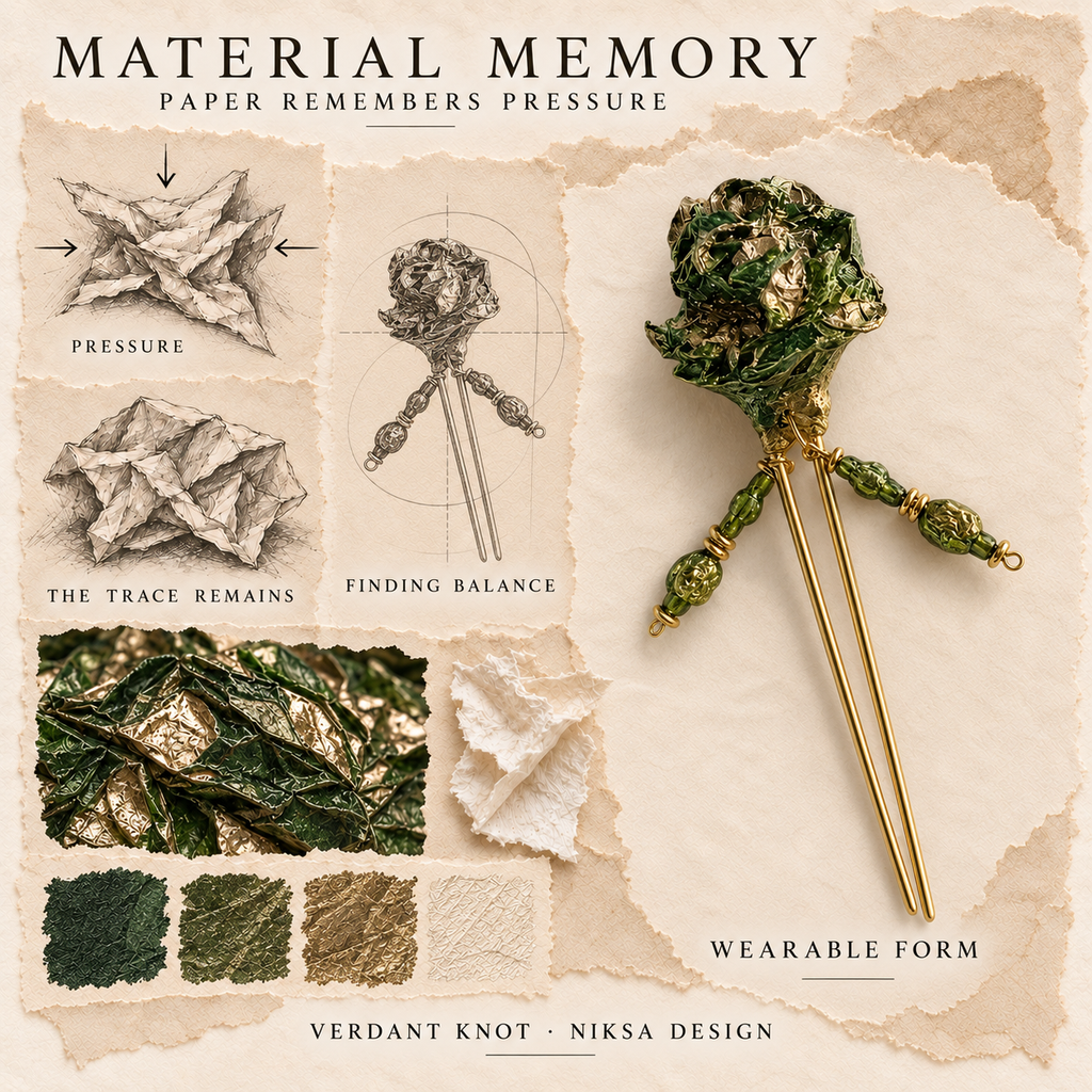 Verdant Knot concept moodboard with sculptural jewelry, texture details and graphite studies of pressure, visible traces and balance.