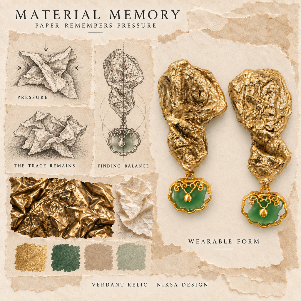 Verdant Relic concept moodboard with sculptural earrings, texture details and graphite studies of pressure, visible traces and balance.