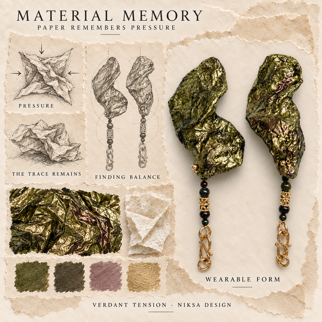 Verdant Tension concept moodboard with sculptural earrings, texture details and graphite studies of pressure, visible traces and balance.