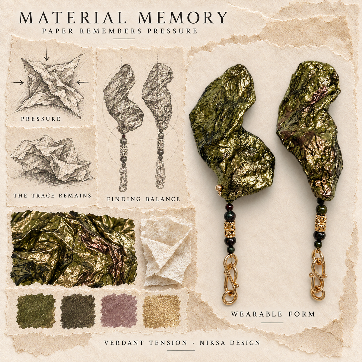 Verdant Tension concept moodboard with sculptural earrings, texture details and graphite studies of pressure, visible traces and balance.