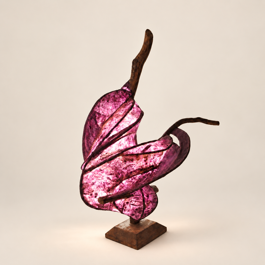 Violet Ember sculptural lamp, main view on warm ivory