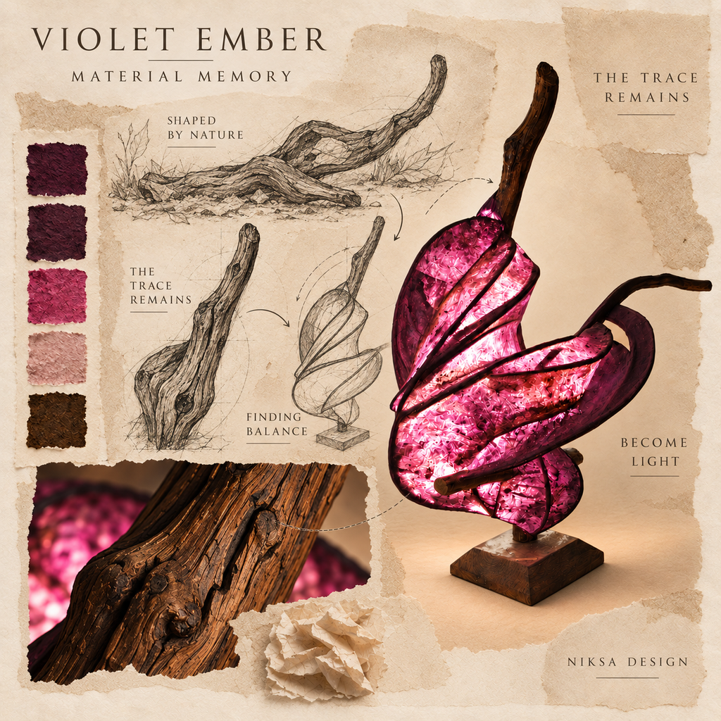 Violet Ember material and transformation moodboard